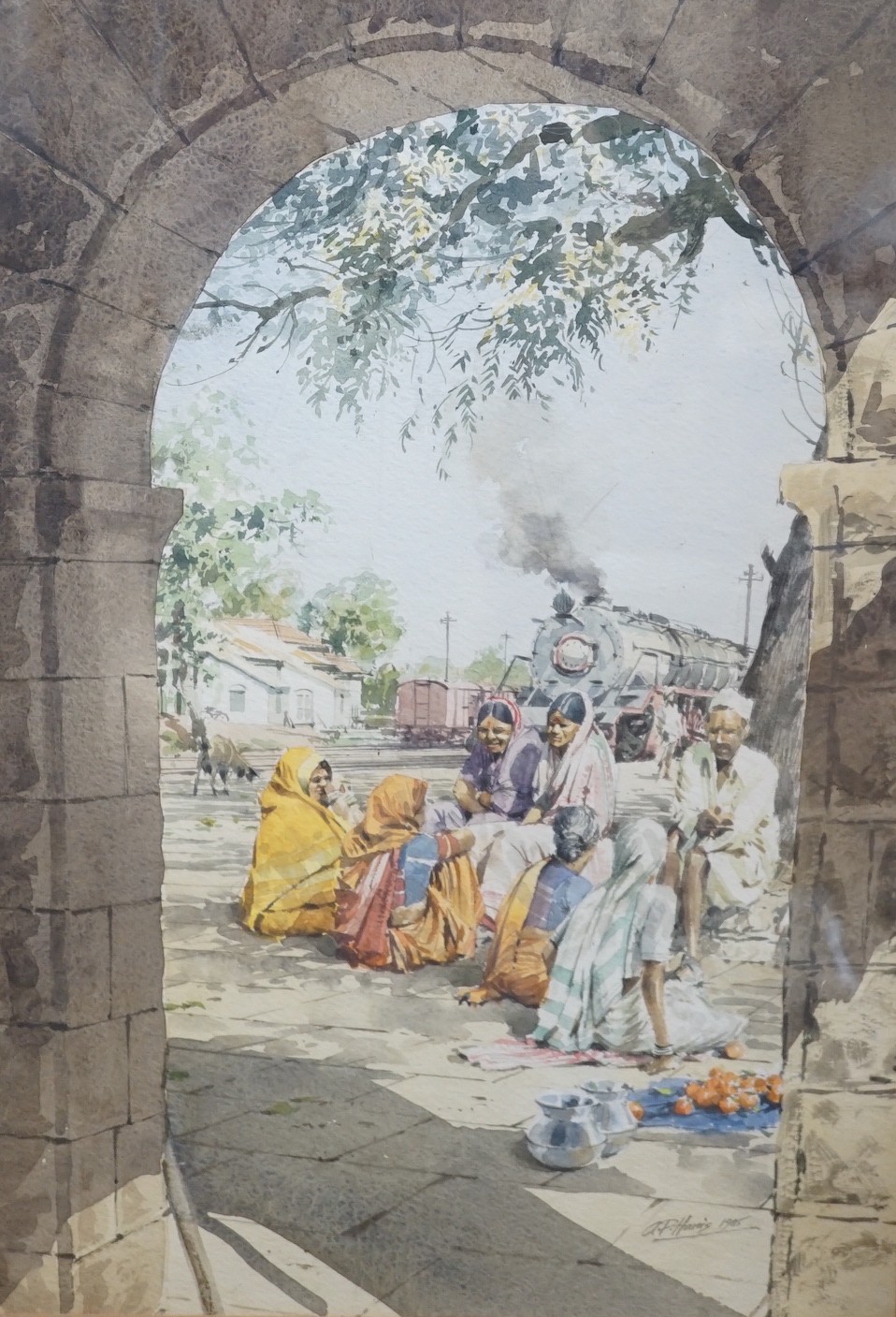 A.P. Harris GRA, watercolour, 'Indian interlude, Gujarat', signed, with Guild of Railway Artists label verso and dated 1985, 50 x 32cm